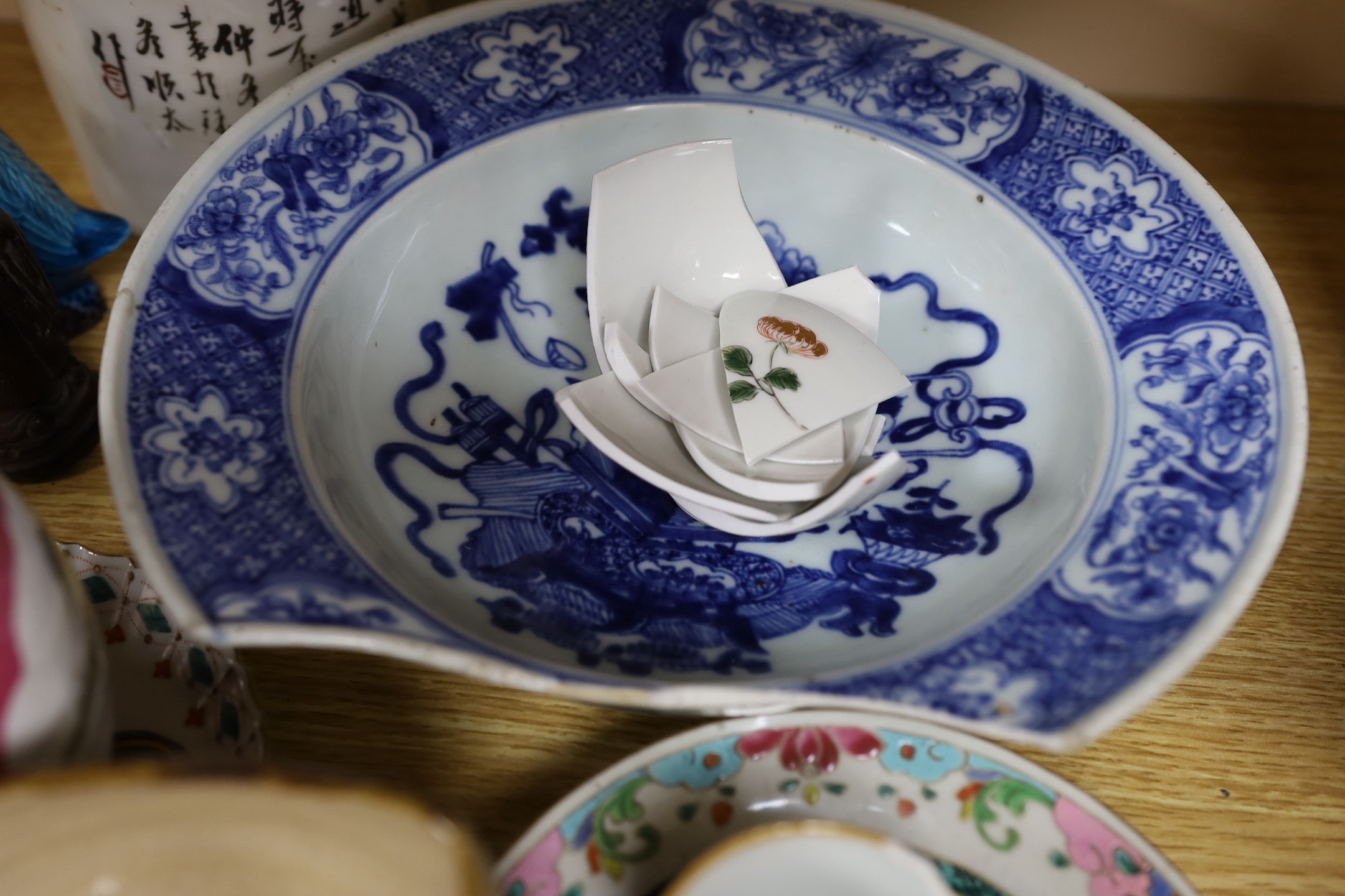 A Chinese Republic period teapot, a famille rose barrel and cover, a famille verte saucer, porcelain duck, pottery stem bowl and a resin model of Shou Lao, together with other Chinese ceramics (a.f)
